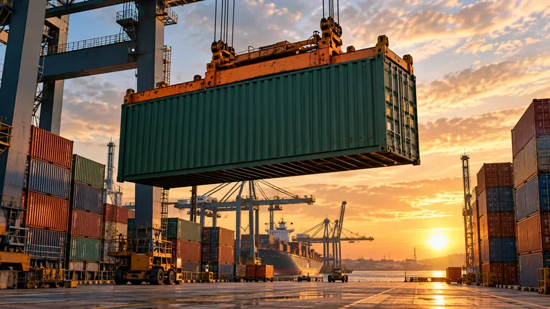 Grüner Frachtcontainer wird im Hafen mit einem Kran verladen